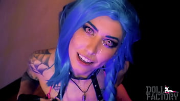 cumshot,facial,blowjob,white,blue,nova,cosplay,lol,jinx,league,legends